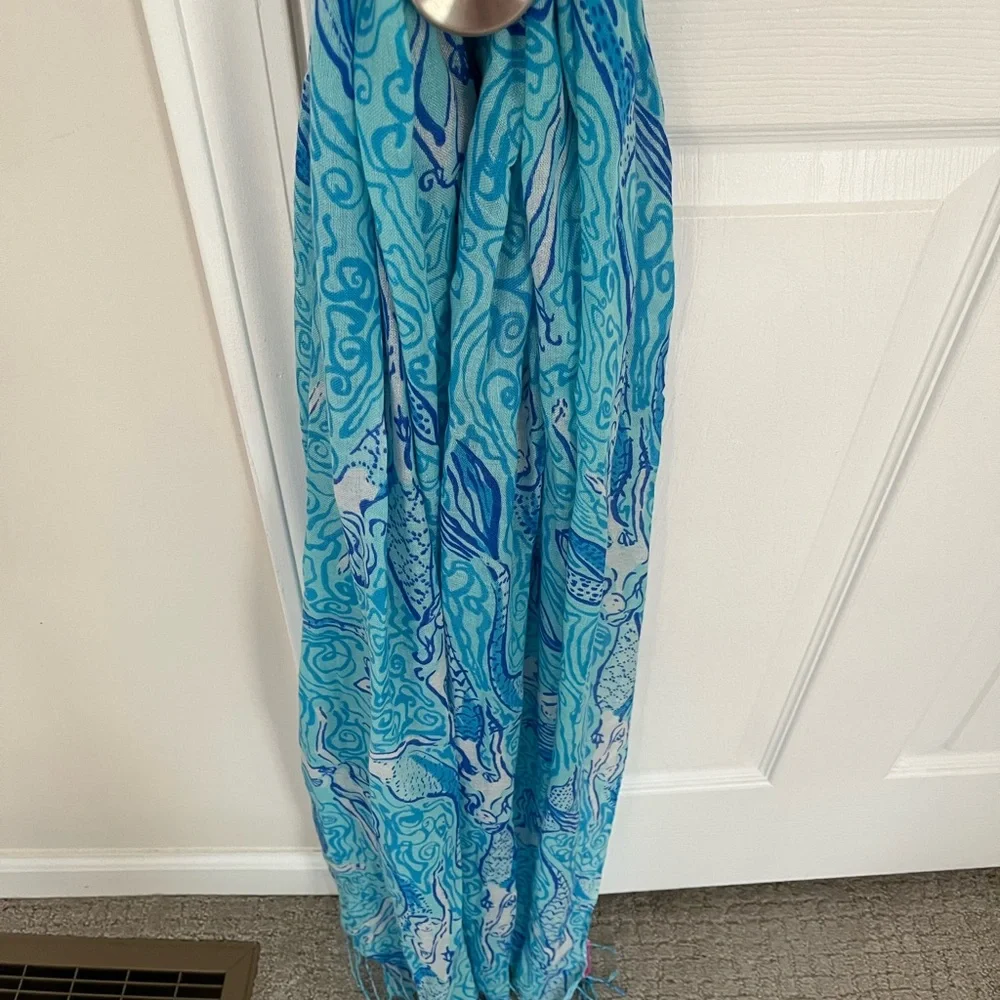 Lilly Pulitzer Blue Teal Swirl Silk-Cashmere Scarf